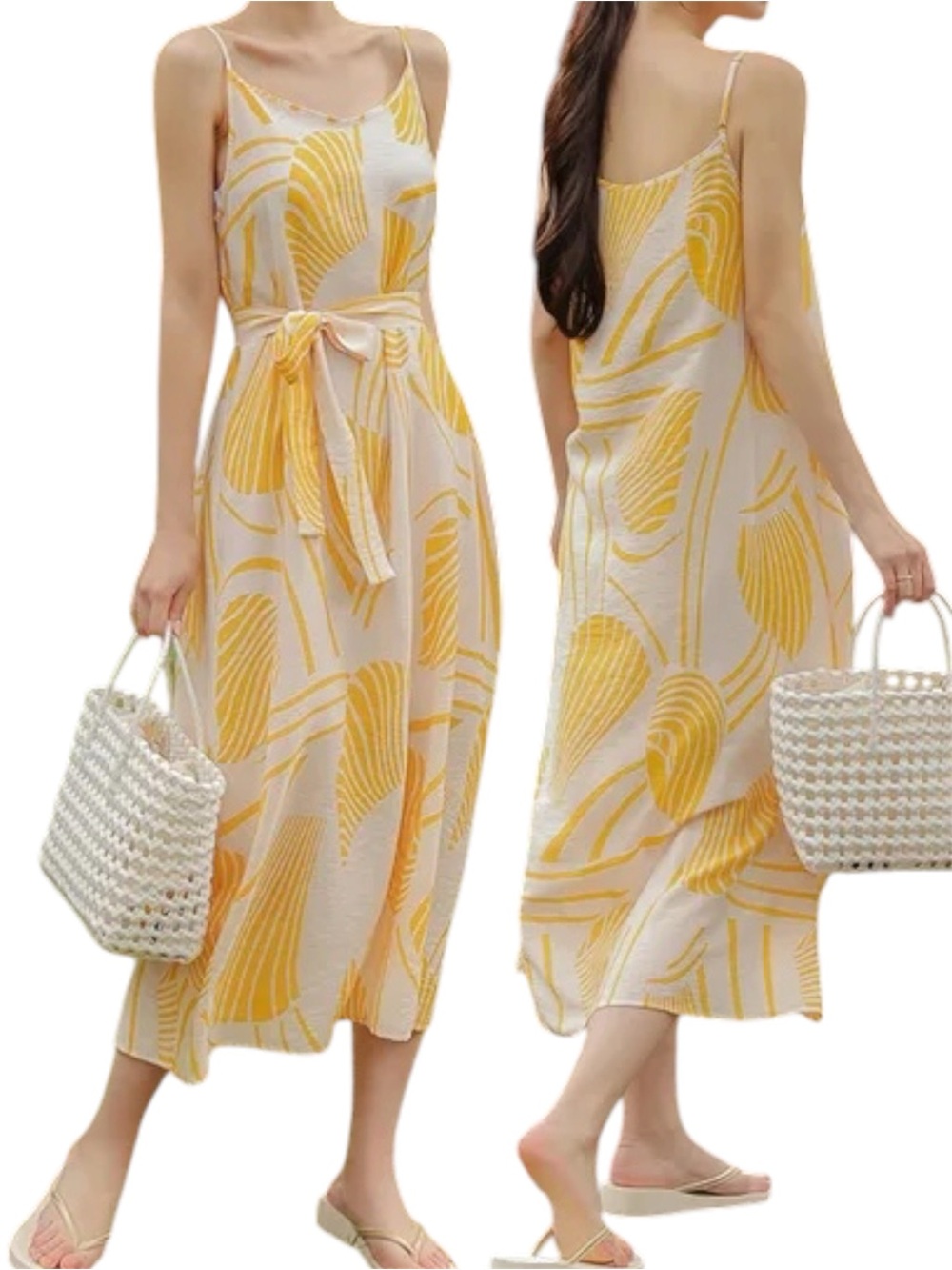 Lascana Midi Sundress Yellow Palm Leaf Print Tie Waist Boho Resort Summer NWOT M